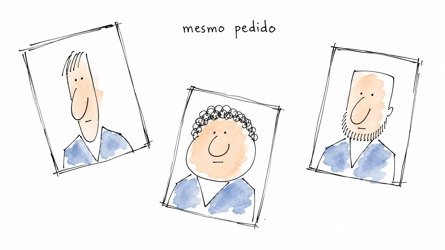 Três cartões de retrato tortos sob o rótulo mesmo pedido: o mesmo paletó azul nos três e três cabeças visivelmente diferentes