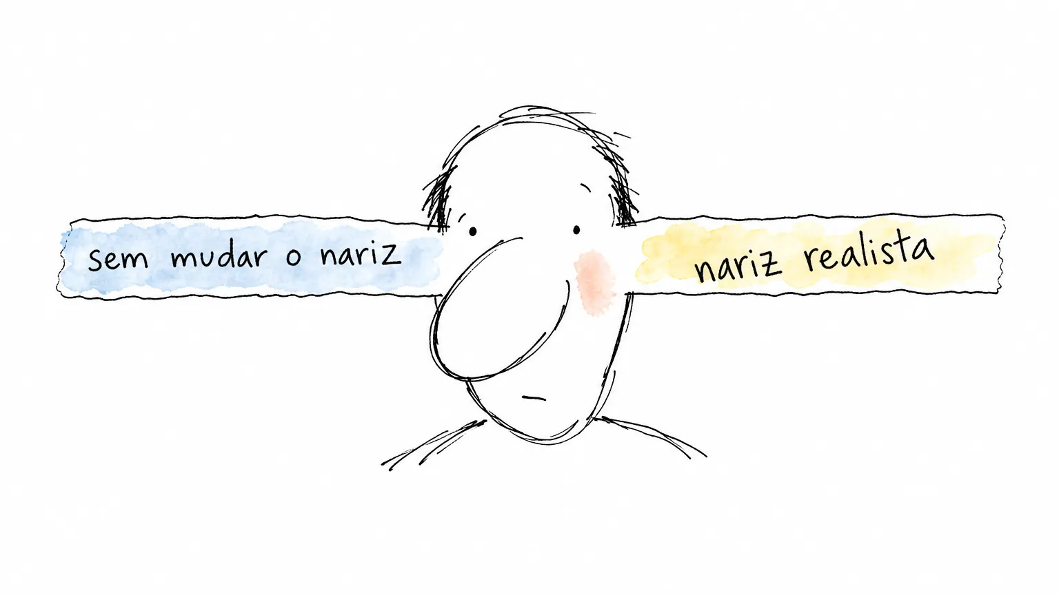 Tira de papel atravessa por trás de uma cabeça-doodle: entra escrita sem mudar o nariz e sai do outro lado, torta, escrita nariz realista.