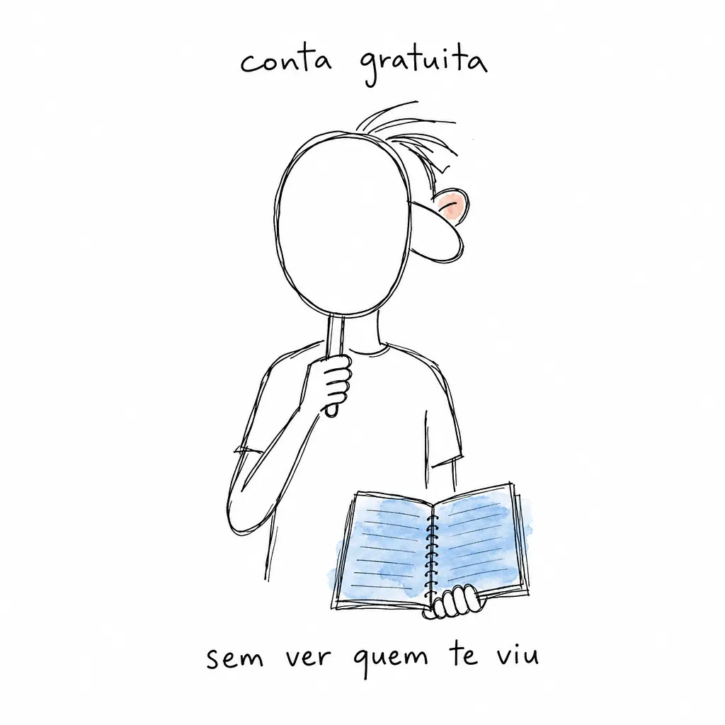 Figura com máscara oval em branco no rosto, só o nariz de fora, segura um caderno de páginas vazias sob "conta gratuita" e "sem ver quem te viu".