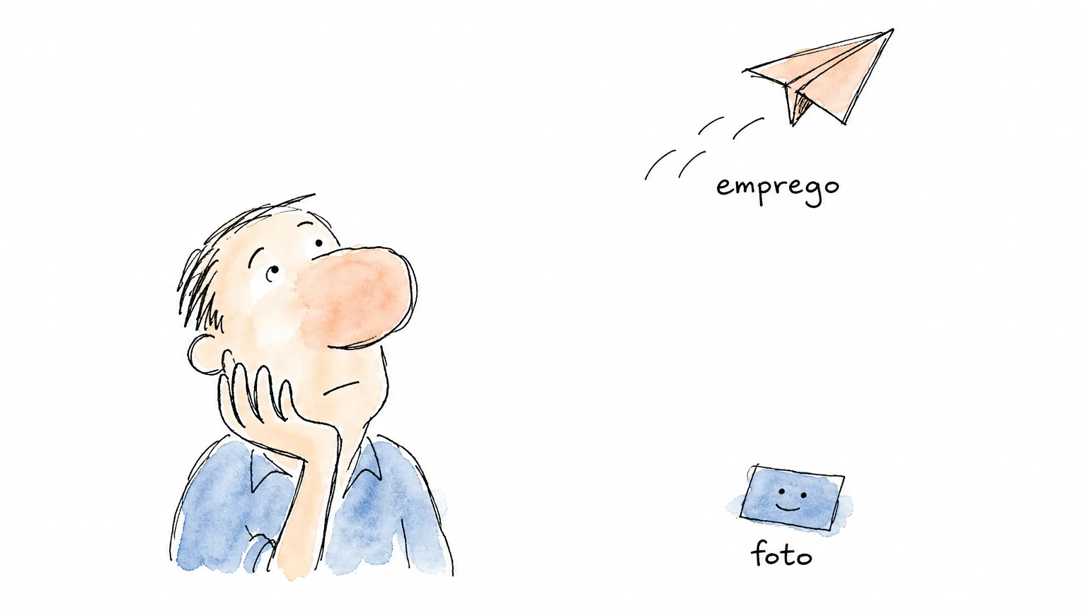Avião de papel rotulado emprego sobe e sai do quadro; embaixo, o cartão com um rosto rotulado foto segue parado, sem nada saindo dele.