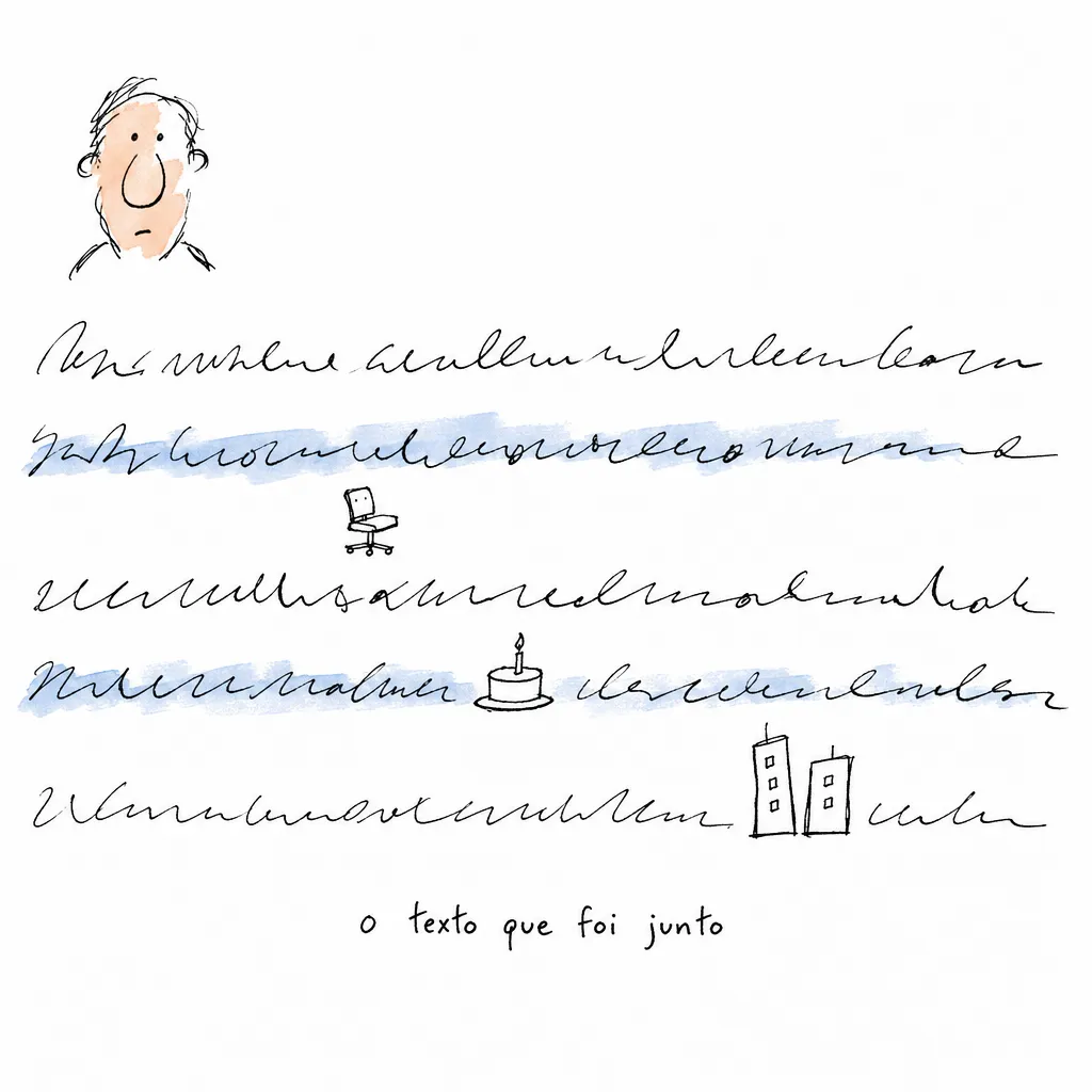 Rostinho doodle no alto e, ocupando o resto da folha, cinco linhas de rabisco com cadeira, bolo e prédios sob “o texto que foi junto”.