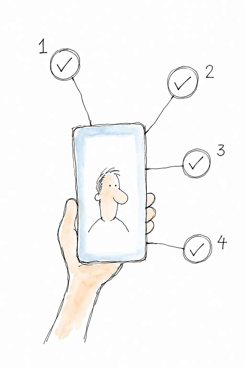 Mão segurando o celular virado para o leitor com o retrato na tela e quatro conferências numeradas de 1 a 4 em volta