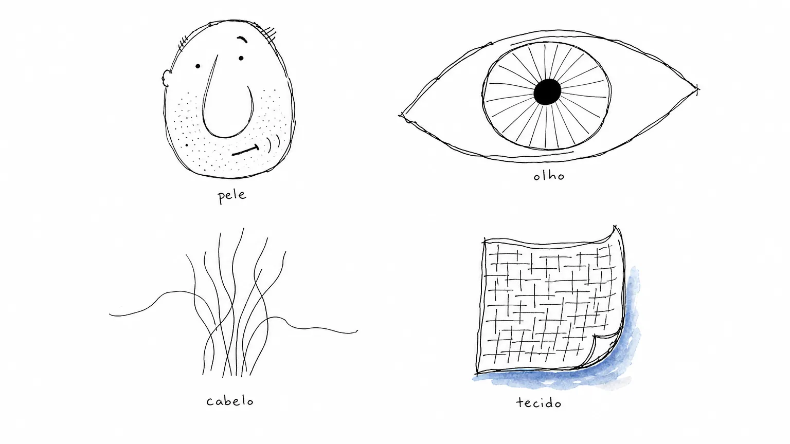Quatro texturas desenhadas soltas, uma por rótulo: pontinhos na pele, fibras no olho, fios separados no cabelo e trama aberta no tecido.