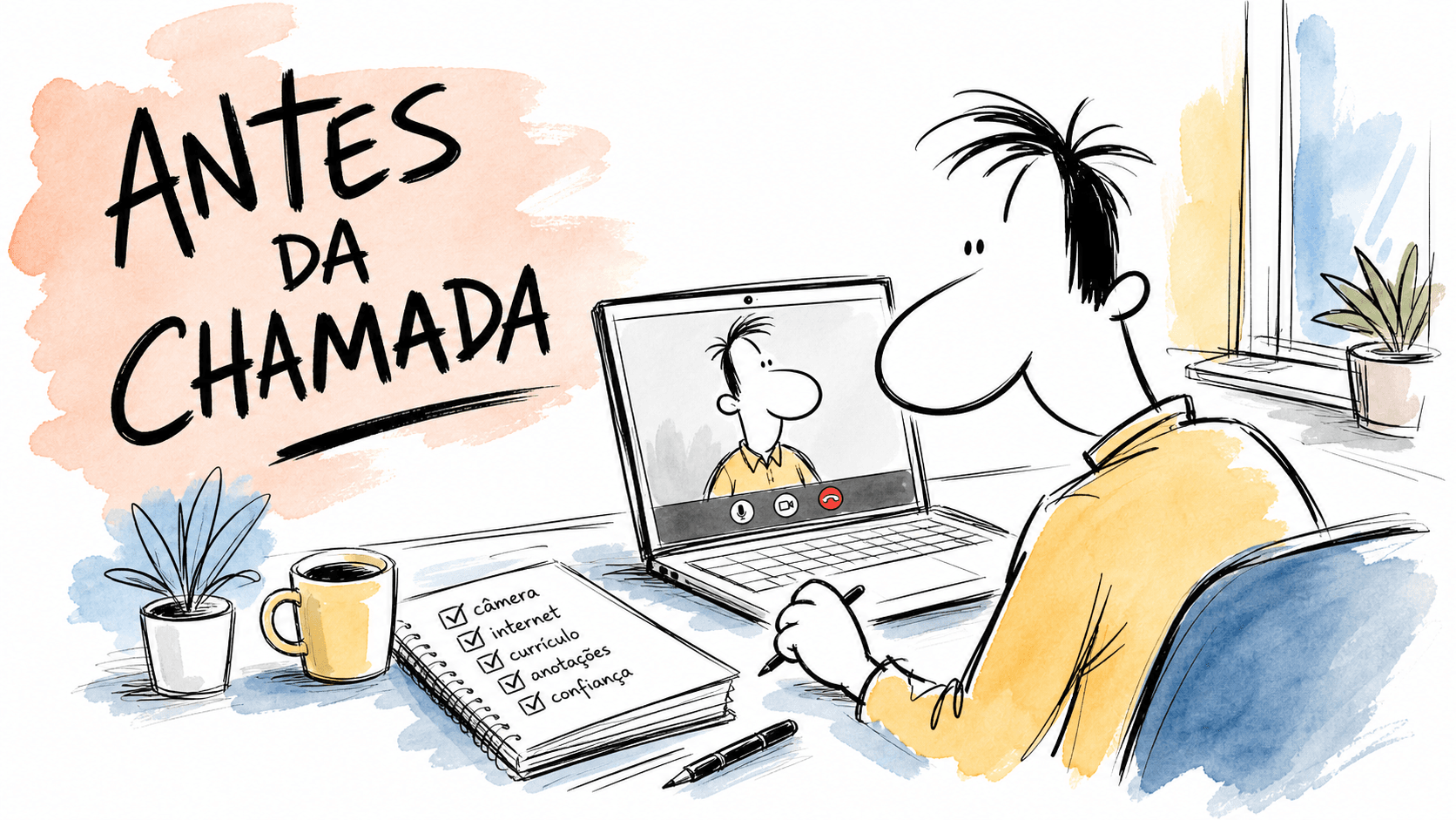 Pessoa ajusta câmera e checklist antes de uma entrevista online