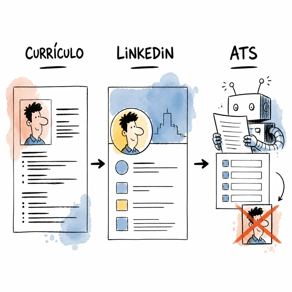 Comparação visual entre currículo, Linkedin e ATS no primeiro emprego