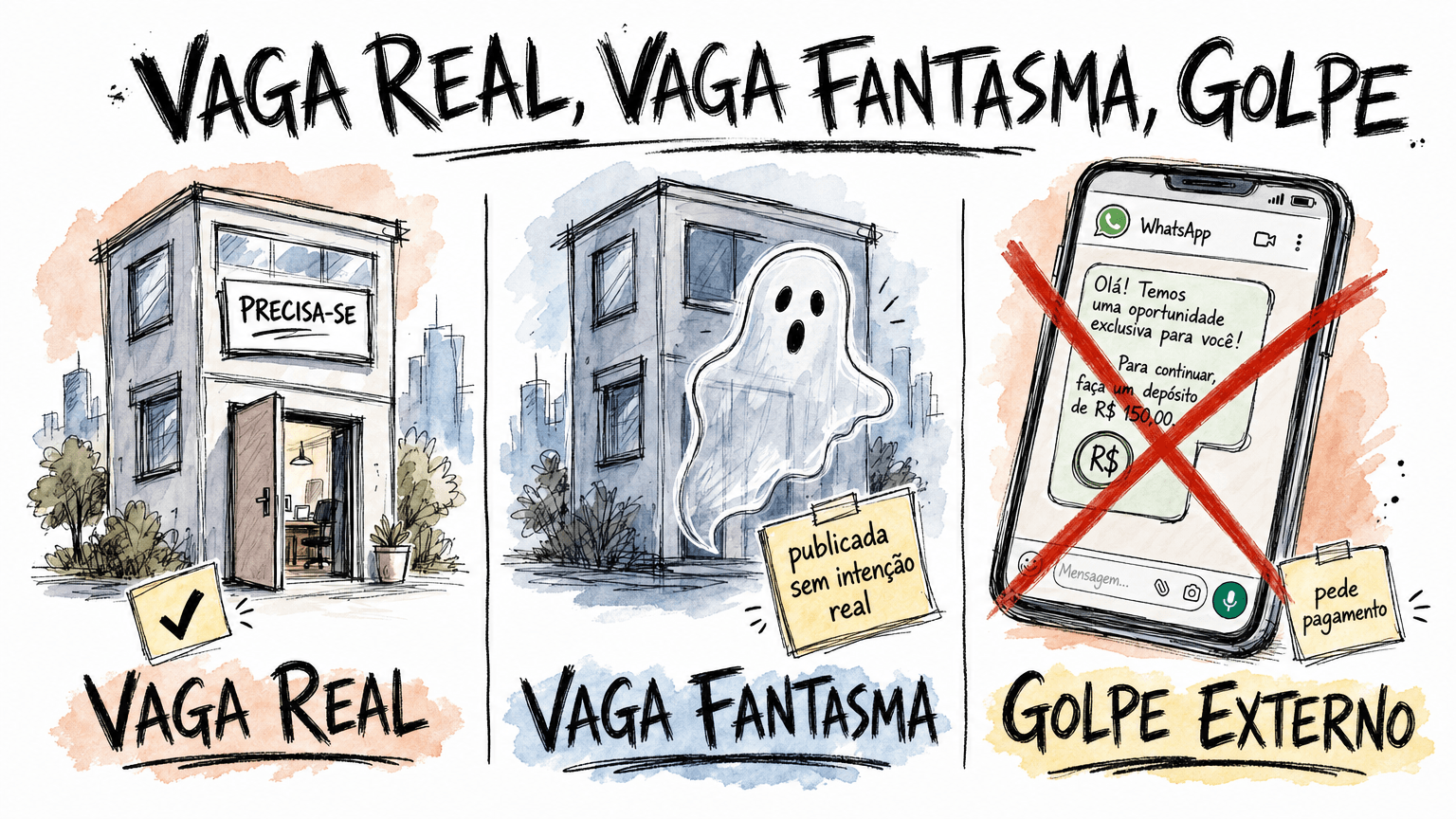 Vaga real, vaga fantasma e golpe externo: três coisas diferentes que parecem iguais.