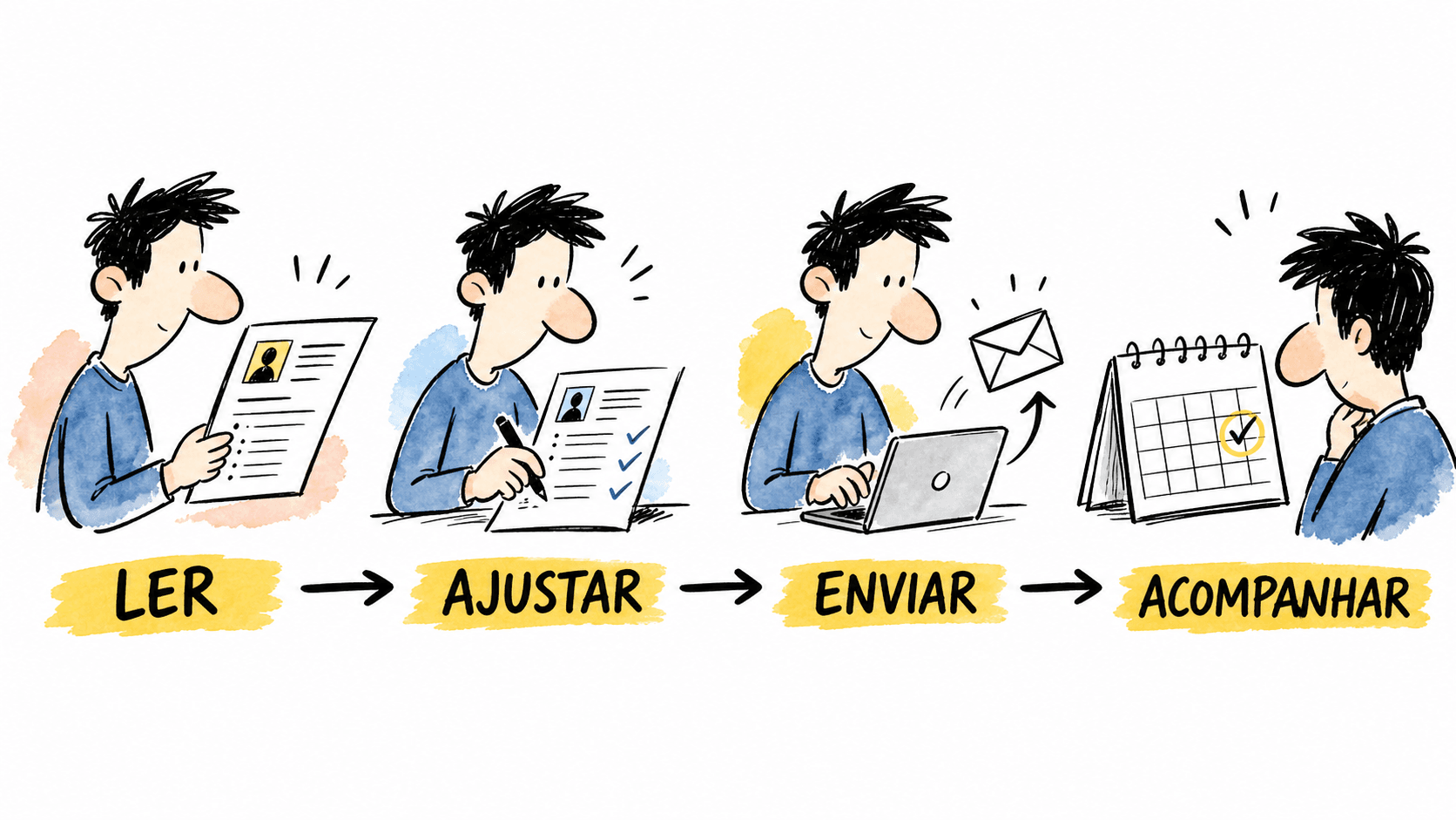 Fluxo visual de ler a vaga, ajustar currículo, enviar e acompanhar candidatura