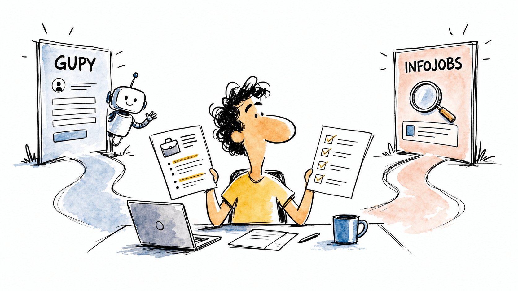 Pessoa candidata compara Gupy e InfoJobs com descrição de vaga e checklist