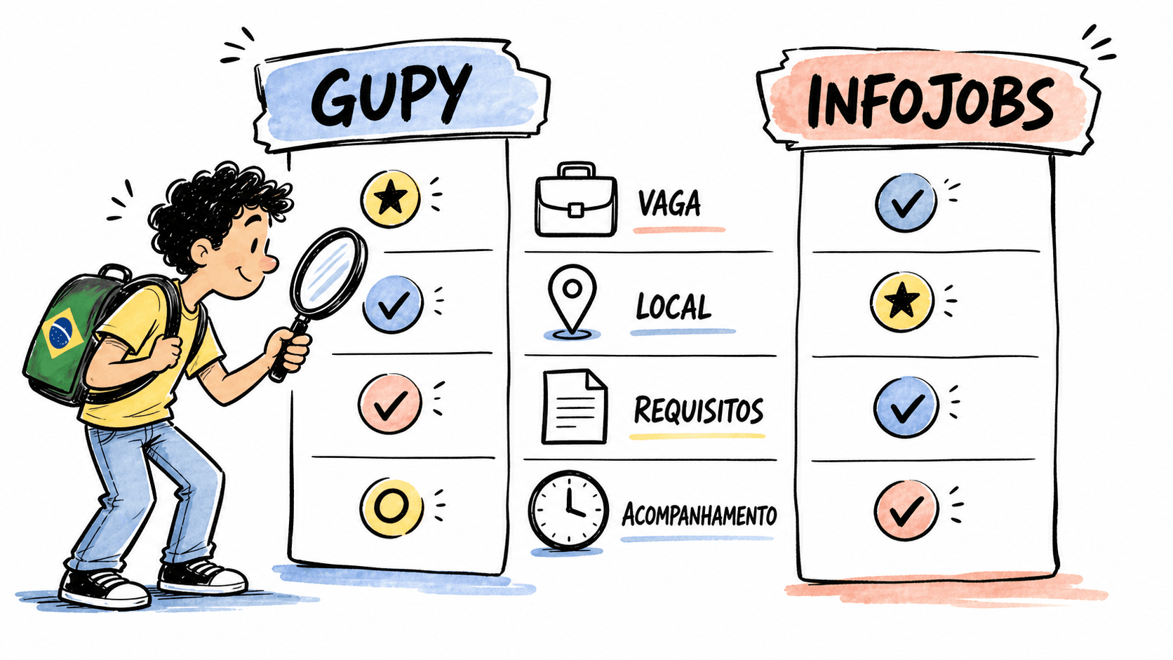 Matriz visual compara Gupy e InfoJobs por vaga, local, requisitos e acompanhamento