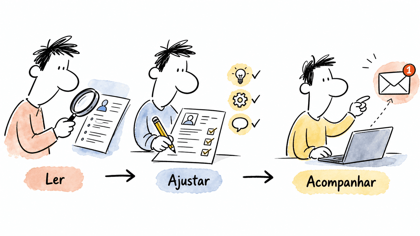Fluxo visual de ler a vaga, ajustar currículo e acompanhar a candidatura