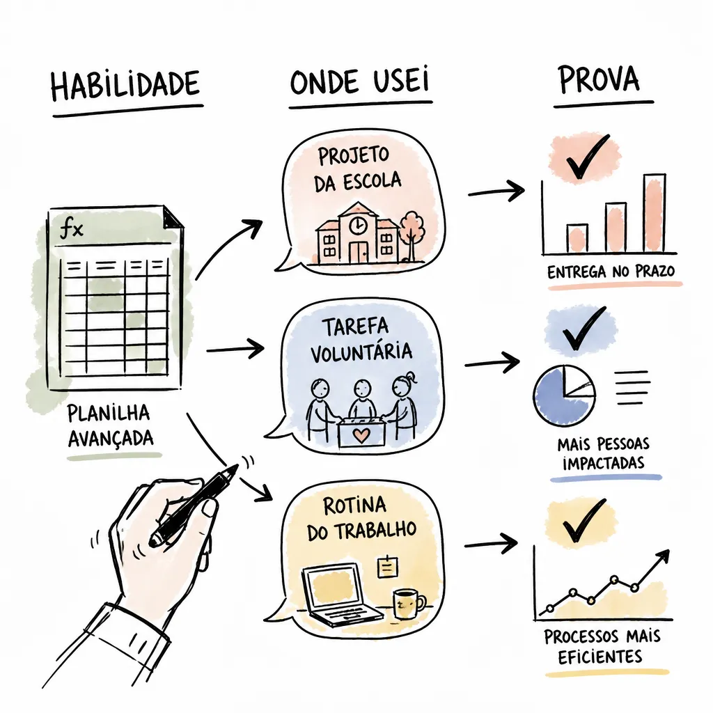 Diagrama que liga habilidade, contexto de uso e prova no currículo