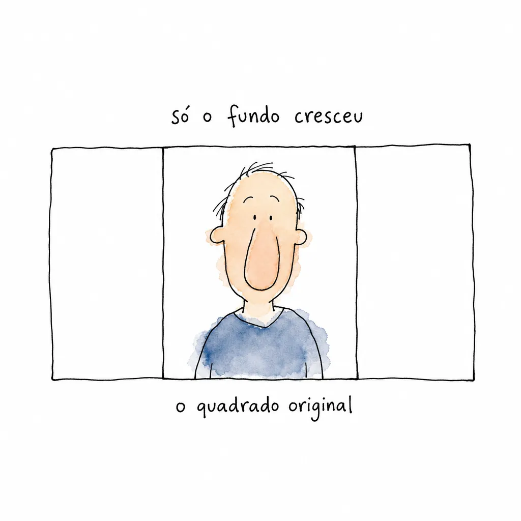 Quadrado com a pessoa parada no centro, aninhado dentro de um quadro mais largo cujas tiras laterais seguem vazias: só o fundo cresceu