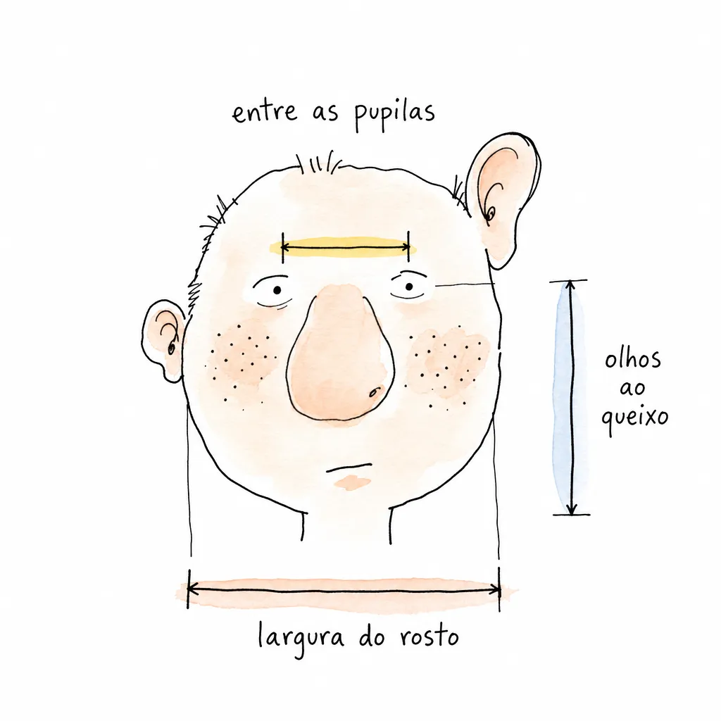 Rosto-doodle com três segmentos de medida rotulados entre as pupilas, largura do rosto e olhos ao queixo, usados para comparar referência e saída por razão.