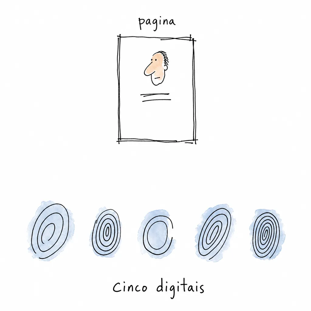 Um cartão de página com um rosto minúsculo, sob o rótulo pagina, e embaixo cinco impressões digitais desenhadas, todas diferentes entre si.