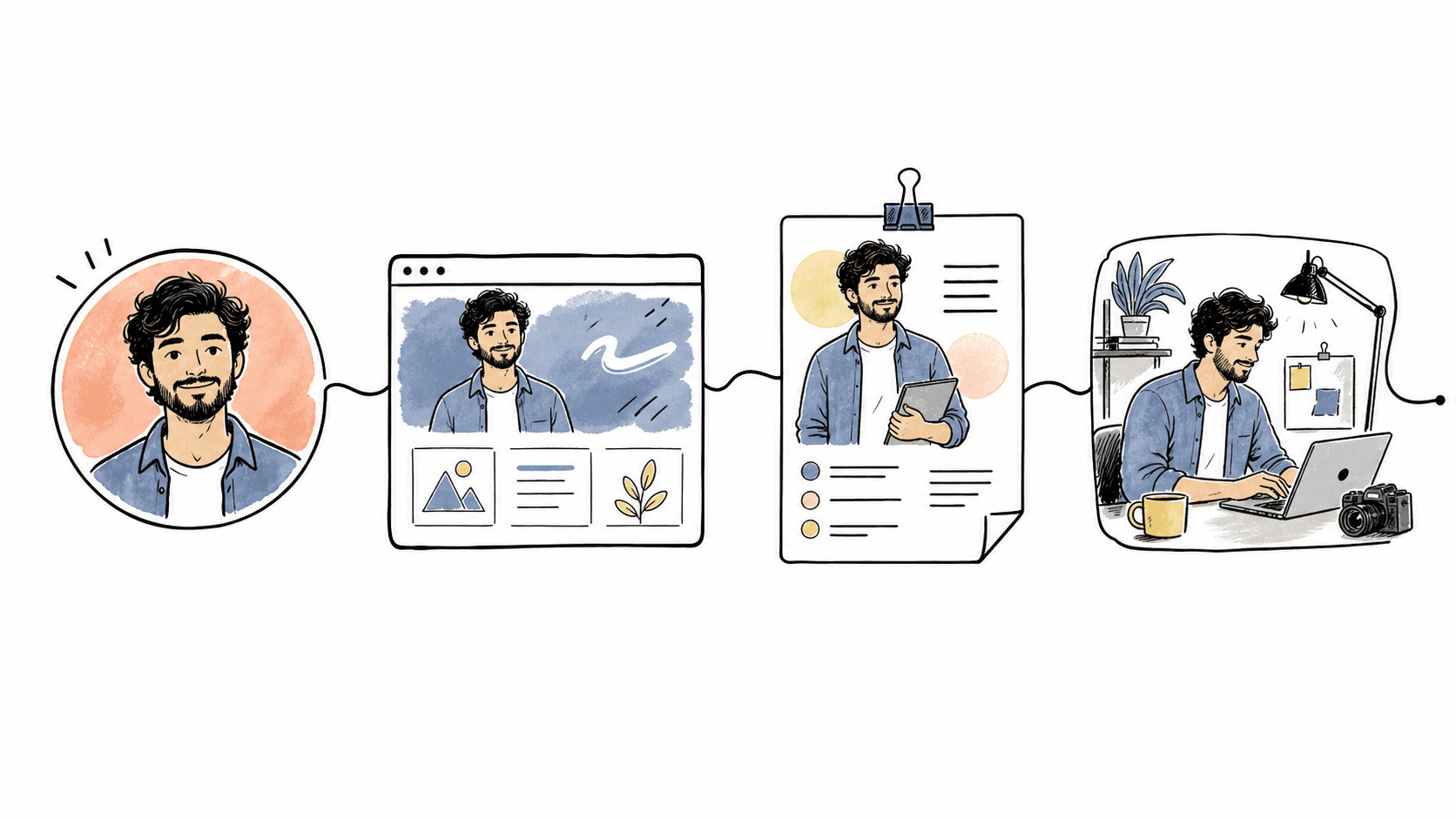 Sistema visual com retrato de perfil, site, proposta e bastidor de trabalho