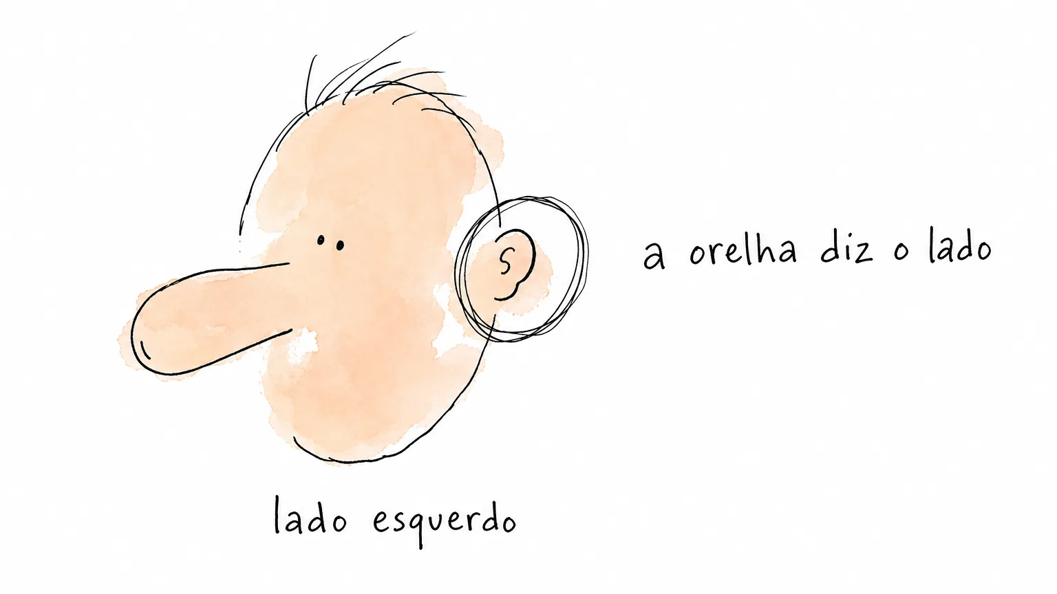 Cabeça girada com o nariz apontando para a borda esquerda e a única orelha visível circulada na direita do quadro, sob "a orelha diz o lado" e "lado esquerdo".