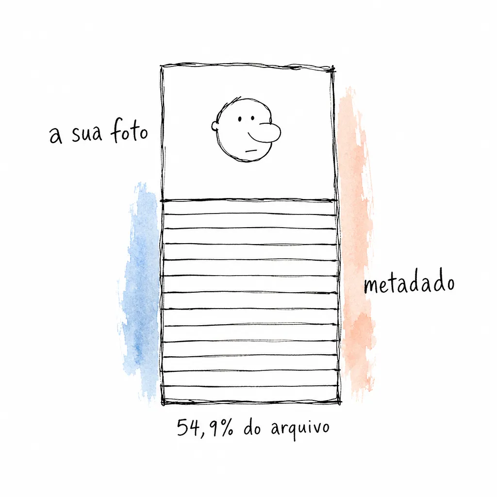 Cartão de foto em que um bloco hachurado de metadado cobre pouco mais da metade da altura: 54,9% do peso em um arquivo da amostra do Lattes, não na média.