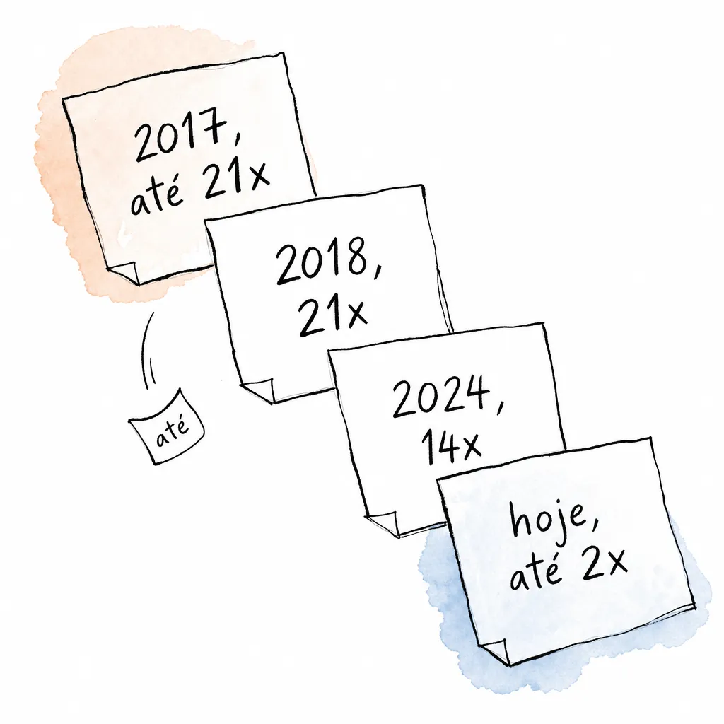 Quatro folhas em cascata com 2017 até 21x, 2018 21x, 2024 14x e hoje até 2x; a etiqueta "até" cai fora entre a primeira e a segunda folha