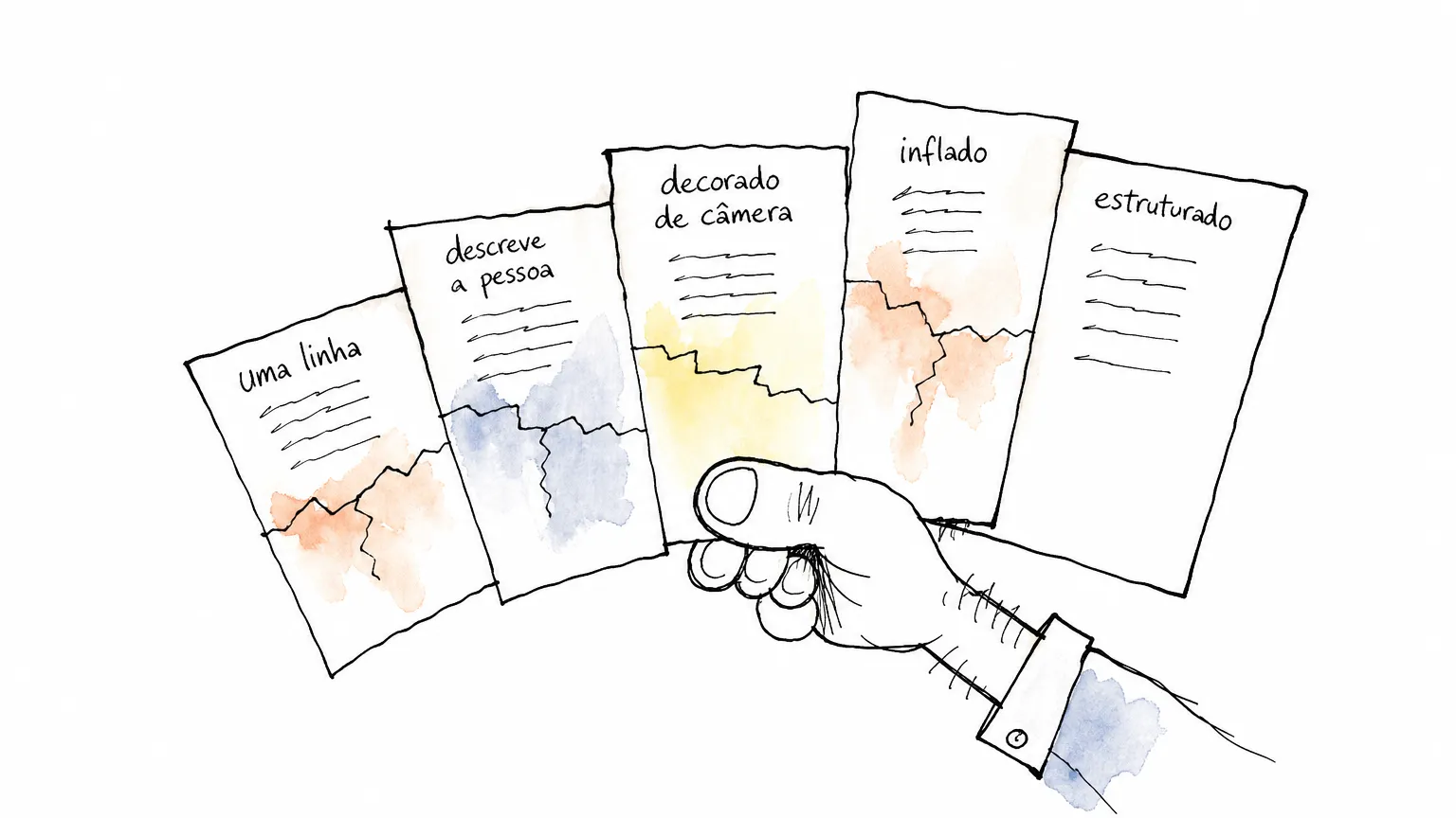 Mão segurando cinco folhas em leque com os arquétipos de prompt: quatro estão rachadas e só a folha rotulada estruturado continua inteira.