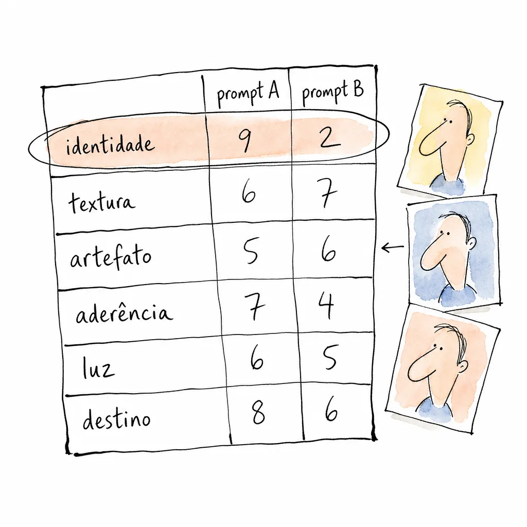 Planilha de notas feita à mão comparando prompt A e prompt B em seis critérios, com a linha identidade circulada como a que decide o resultado.