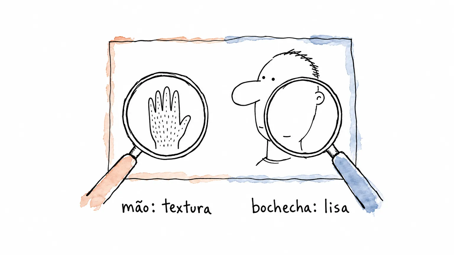 Cartão de foto sob duas lupas: na esquerda a mão aberta coberta de pontos e traços; na direita a bochecha do rosto desenhado, totalmente lisa.