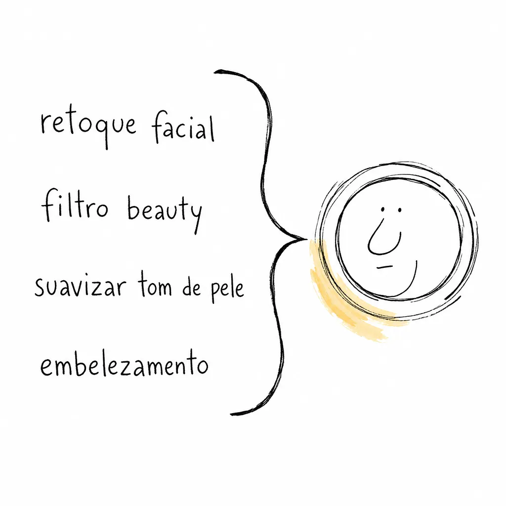 Quatro nomes de menu (retoque facial, filtro beauty, suavizar tom de pele, embelezamento) fecham por uma chave num só botão redondo com um rosto.
