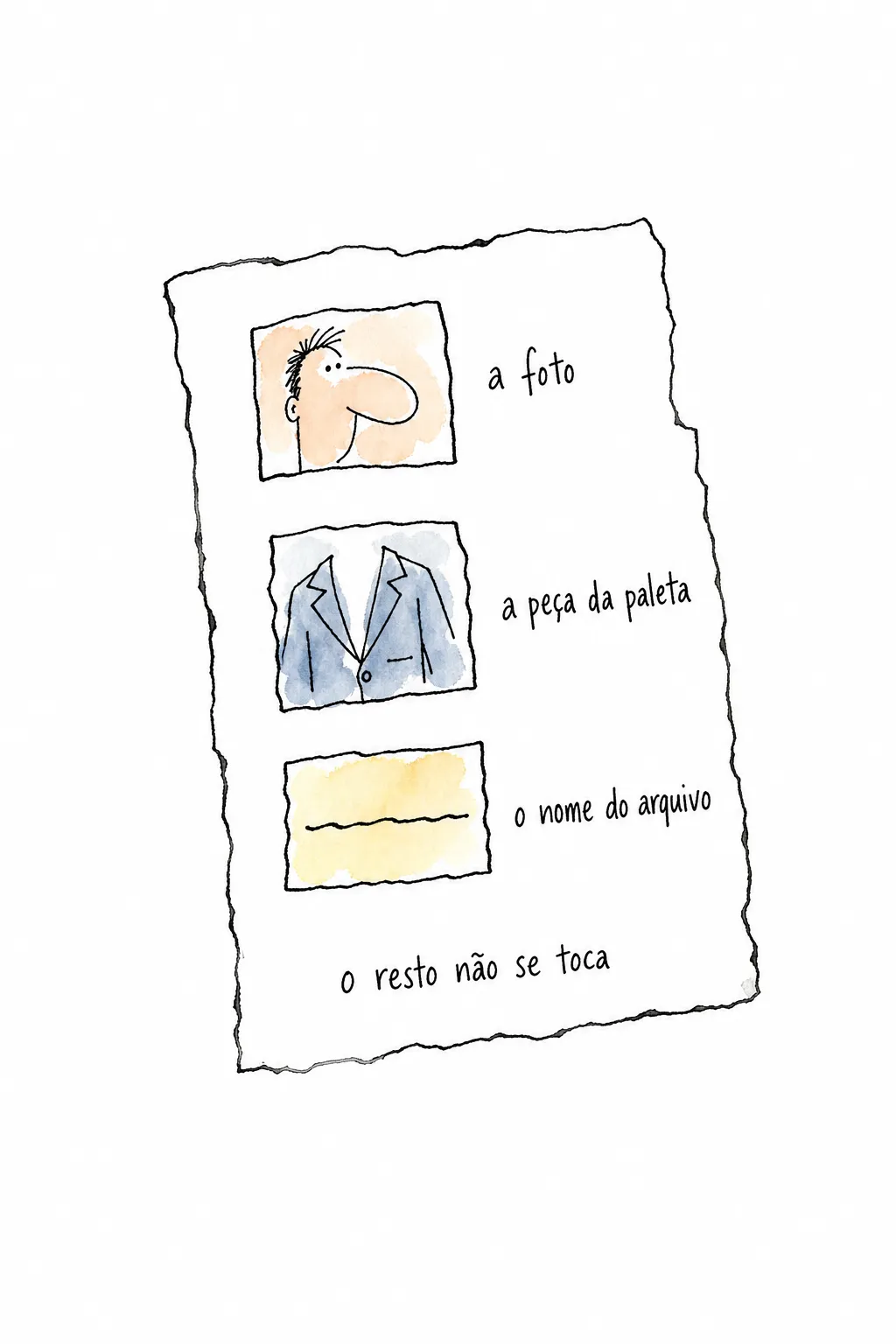 Molde vazado com três janelas recortadas mostrando um rosto, um blazer e o nome do arquivo, e a frase "o resto não se toca" na folha