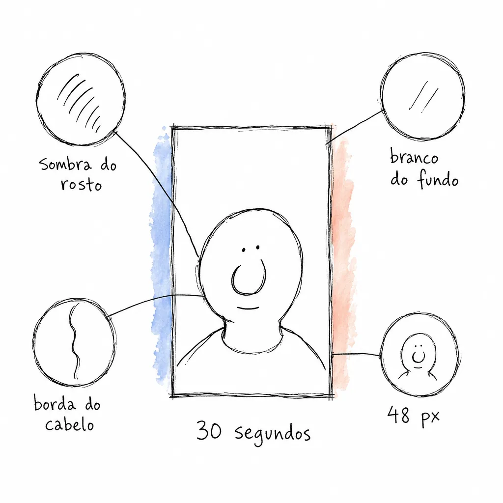 Cartão de retrato com quatro janelas de conferência em volta: sombra do rosto, branco do fundo, borda do cabelo e a miniatura de 48 px.