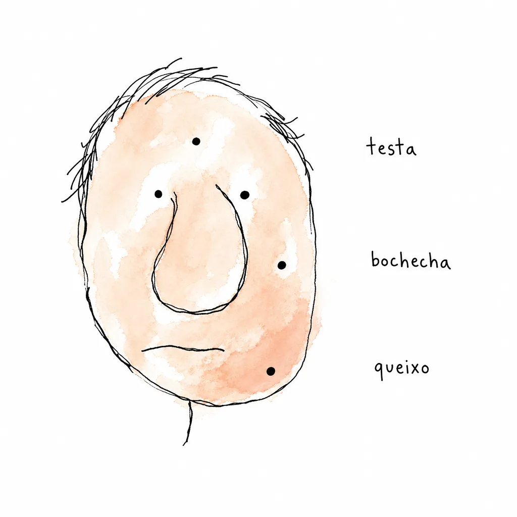Cabeça-doodle com três pontos de amostragem na testa, na bochecha e no queixo sobre uma mancha peach desigual, mais clara em cima e mais funda embaixo.