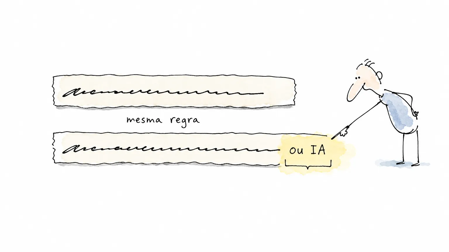 Duas tiras com a mesma frase rabiscada: só a de baixo continua com duas palavras a mais, ou IA, sob o rótulo mesma regra.