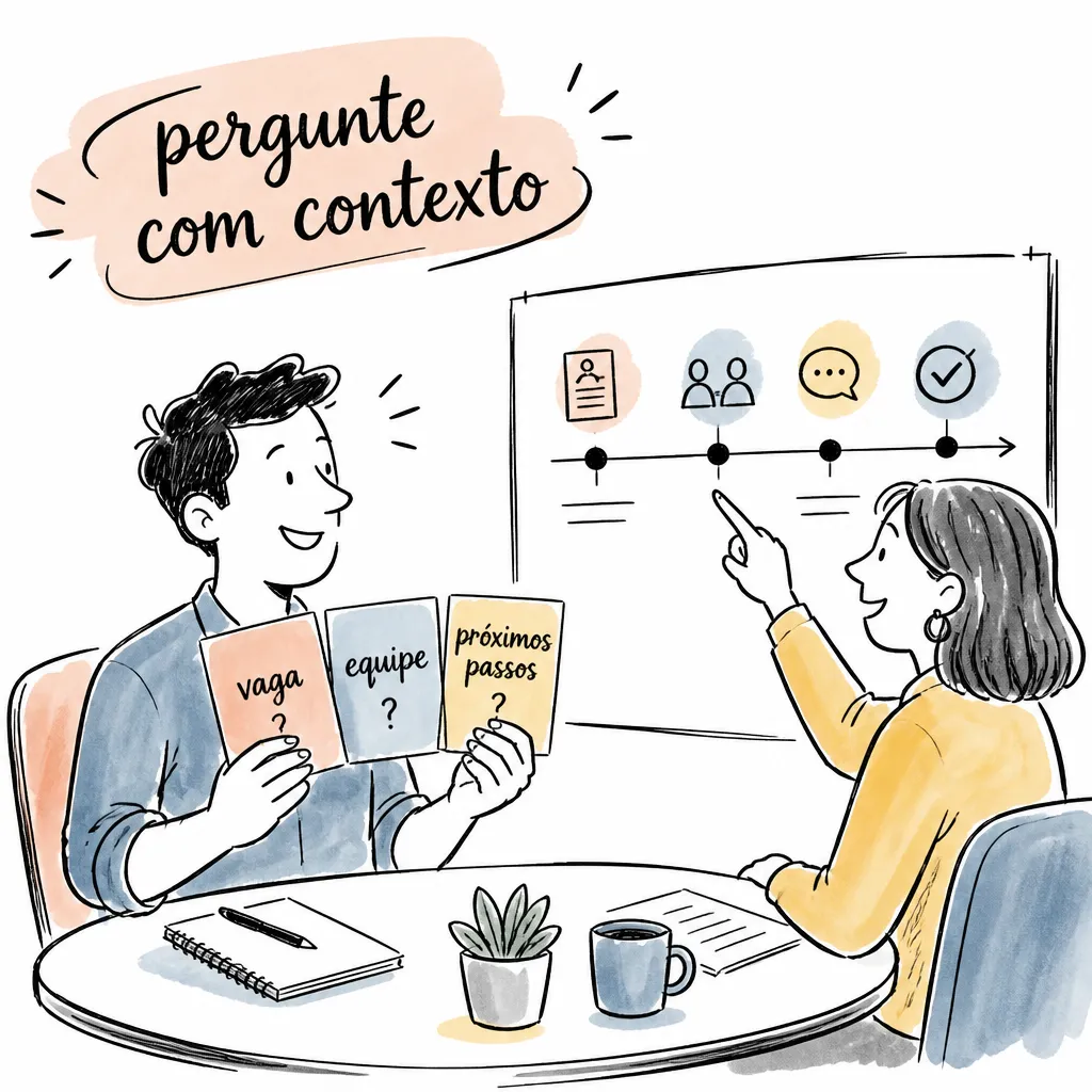 Ilustração mostra perguntas sobre vaga, equipe e próximos passos em uma conversa com recrutador
