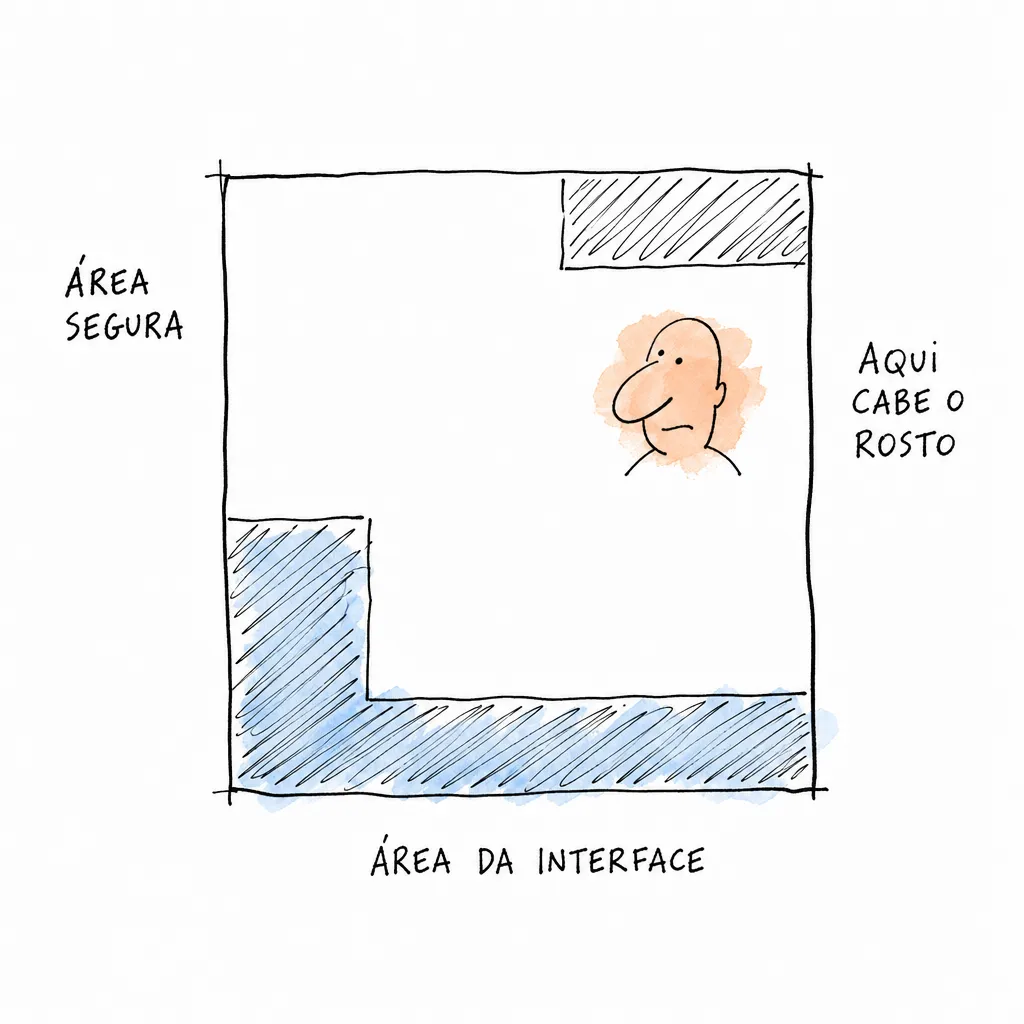 Mapa do quadrado da capa: faixa hachurada embaixo e dois blocos de canto marcam a área da interface; o rosto fica acima e à direita do meio, no branco