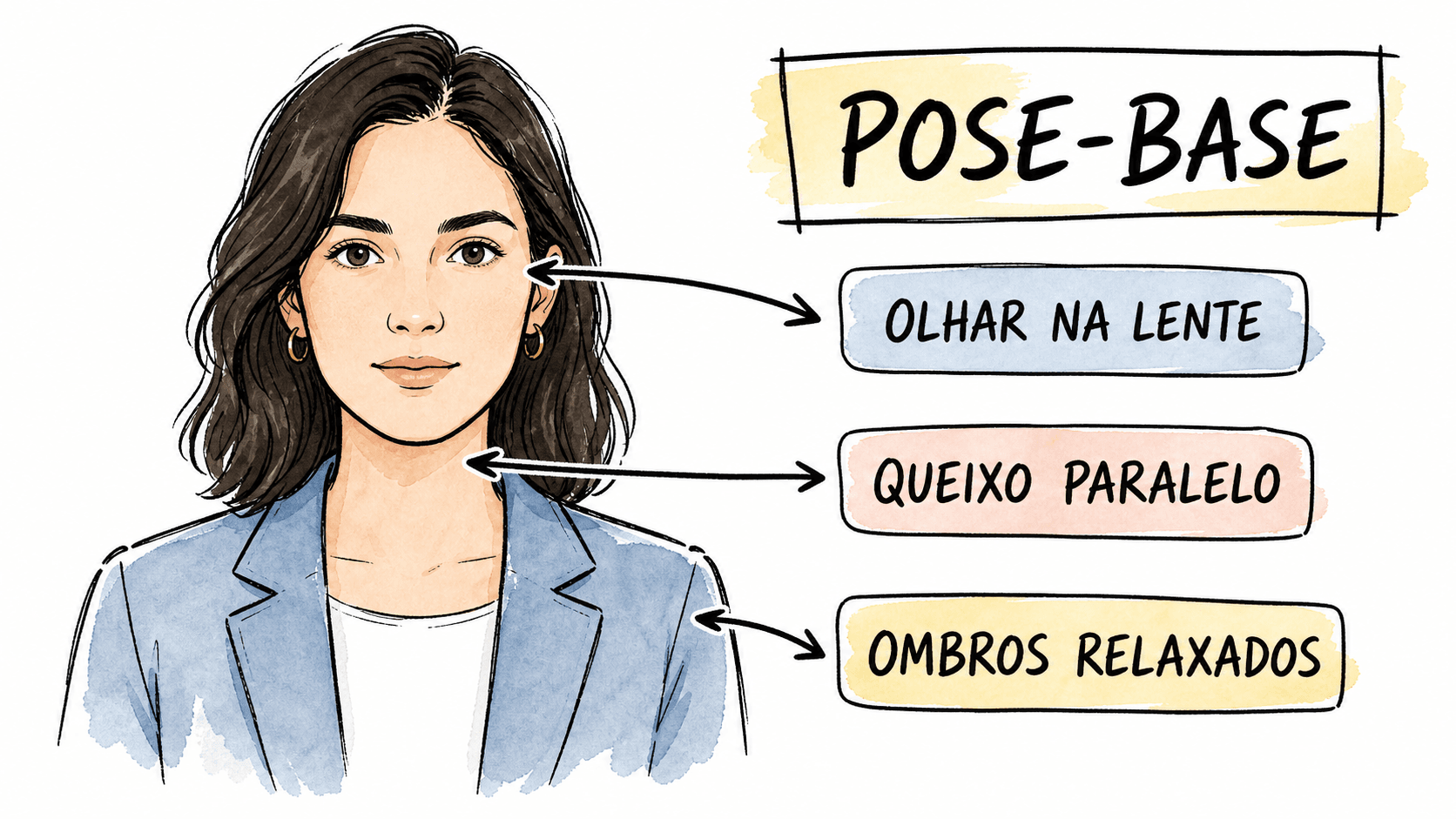 Infográfico de pose-base para foto de currículo com ombros, queixo e olhar anotados