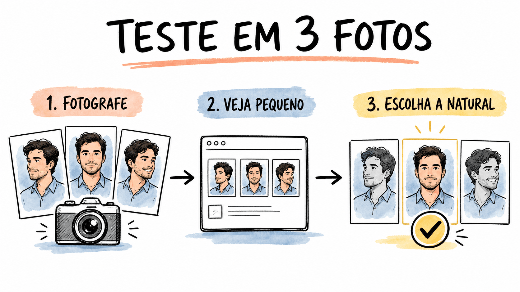 Processo em três fotos para selecionar uma pose natural para currículo