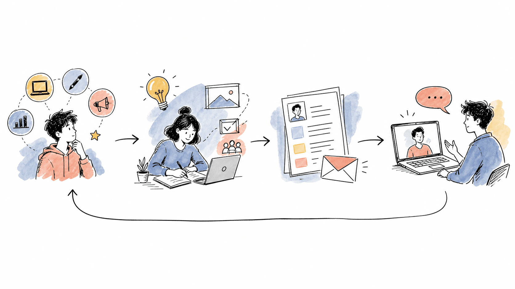 Ciclo visual de escolha, prova, currículo, candidatura e entrevista para primeiro emprego
