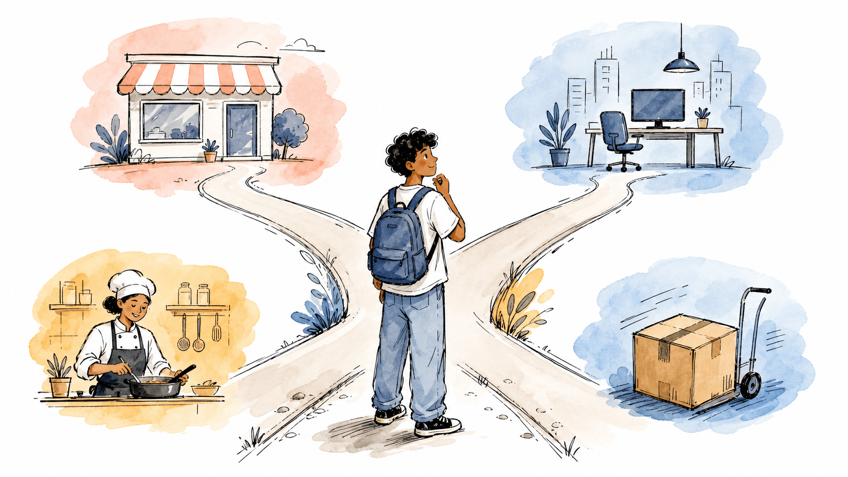 Jovem diante de caminhos para loja, escritório, cozinha e logística no primeiro emprego