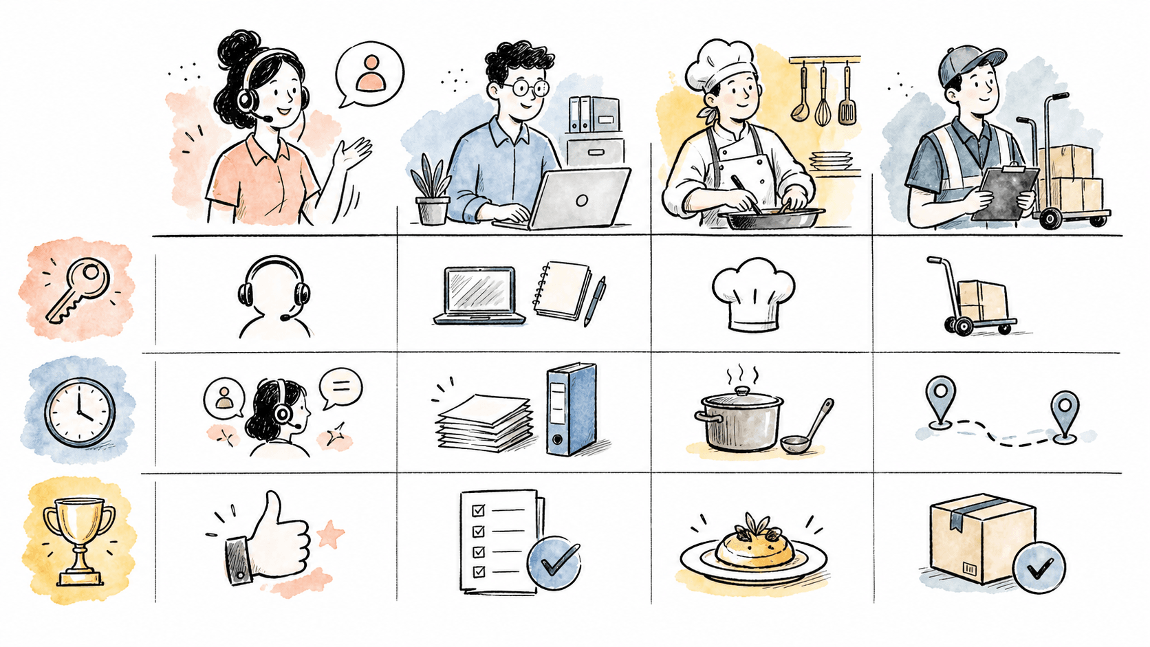 Matriz visual de atendimento, administrativo, cozinha e logística para primeiro emprego