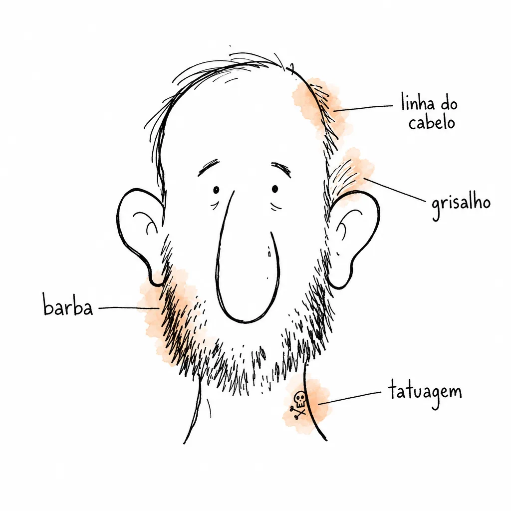 Ilustração de um rosto masculino anotado com quatro marcadores a declarar no prompt: barba, linha do cabelo, grisalho e tatuagem no pescoço.