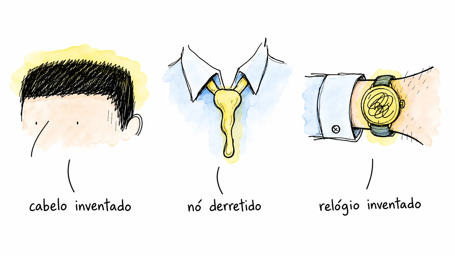Ilustração de três defeitos de foto gerada por IA: cabelo inventado sobre a testa, nó de gravata derretido e relógio com mostrador ilegível.