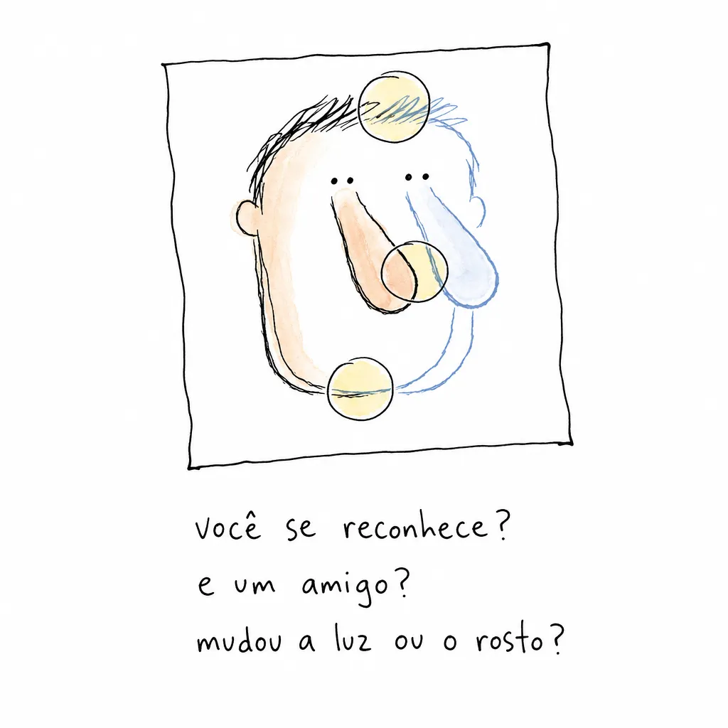 Rosto desenhado duas vezes fora de registro, com nariz, mandíbula e linha do cabelo dobrados e as três perguntas do teste de reconhecimento.