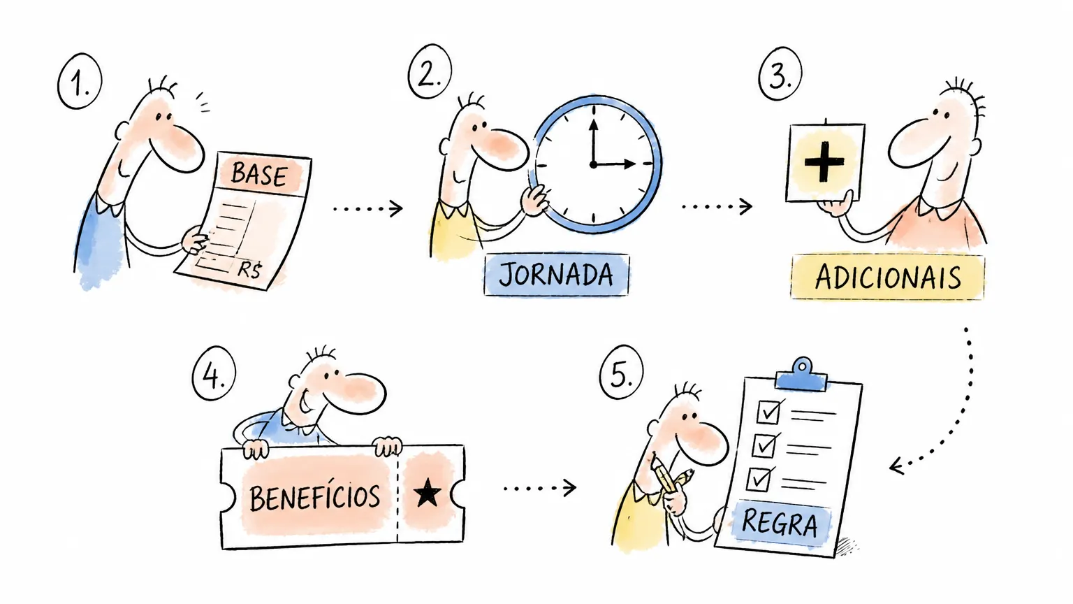 Infográfico com cinco etapas para comparar salário-base, jornada, adicionais, benefícios e regras de uma proposta