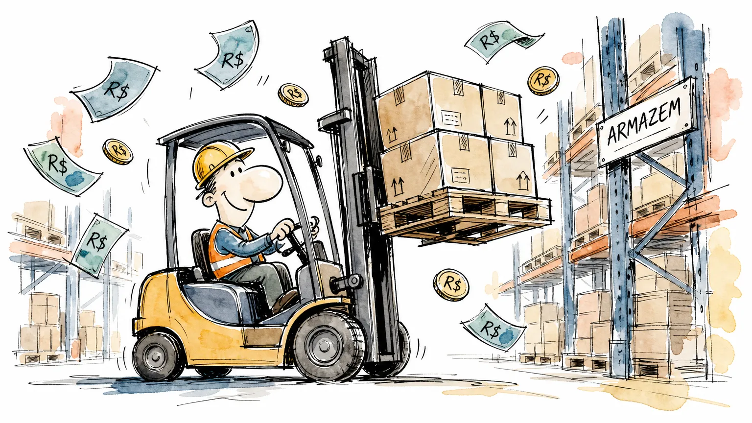 Ilustração de operador de empilhadeira dirigindo com cédulas de R$ ao redor, sobre quanto ganha um operador de empilhadeira em 2026