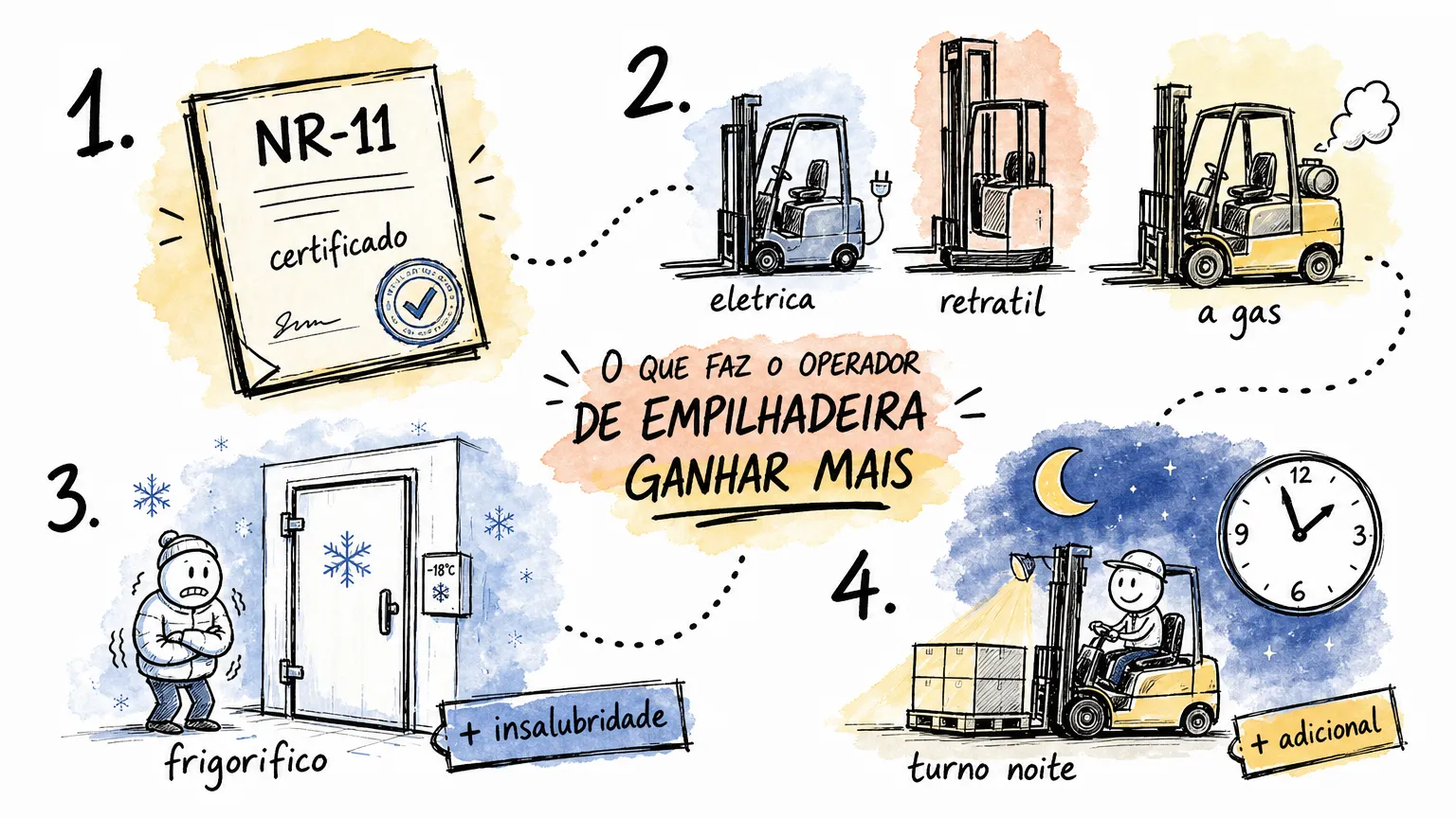 Infográfico do que faz o operador de empilhadeira ganhar mais: certificado NR-11, tipo de empilhadeira, adicional de insalubridade no frigorífico e adicional de turno noturno