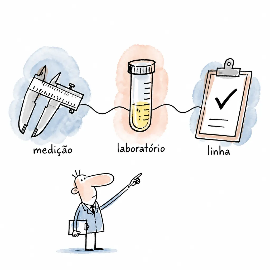 Ilustração mostra medição, laboratório e inspeção de linha como escopos diferentes de qualidade