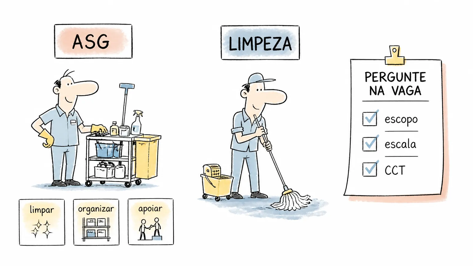 Comparação visual entre auxiliar de serviços gerais, limpeza e perguntas sobre a vaga