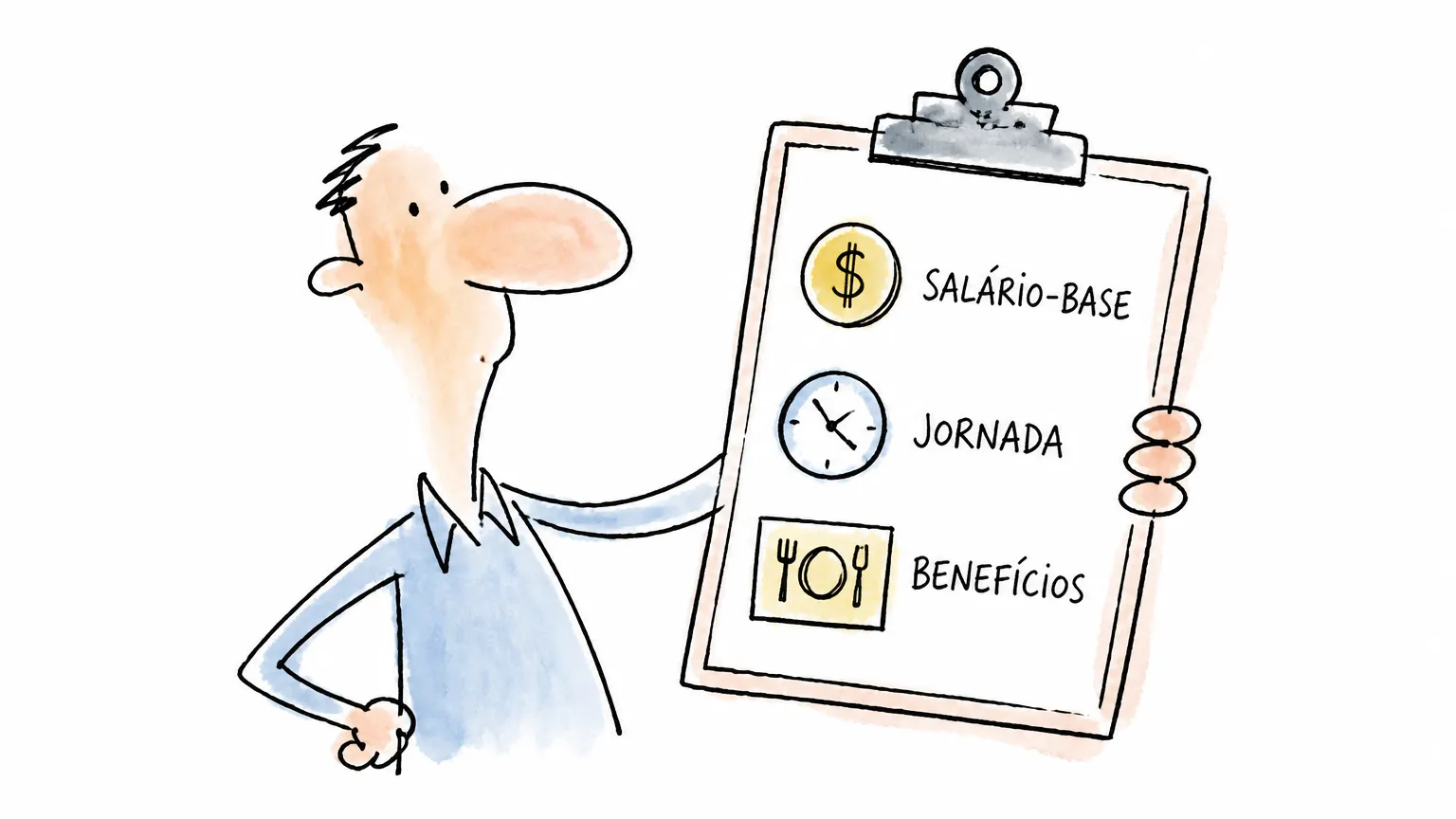 Balconista com prancheta para separar salário-base, jornada e benefícios de uma vaga.