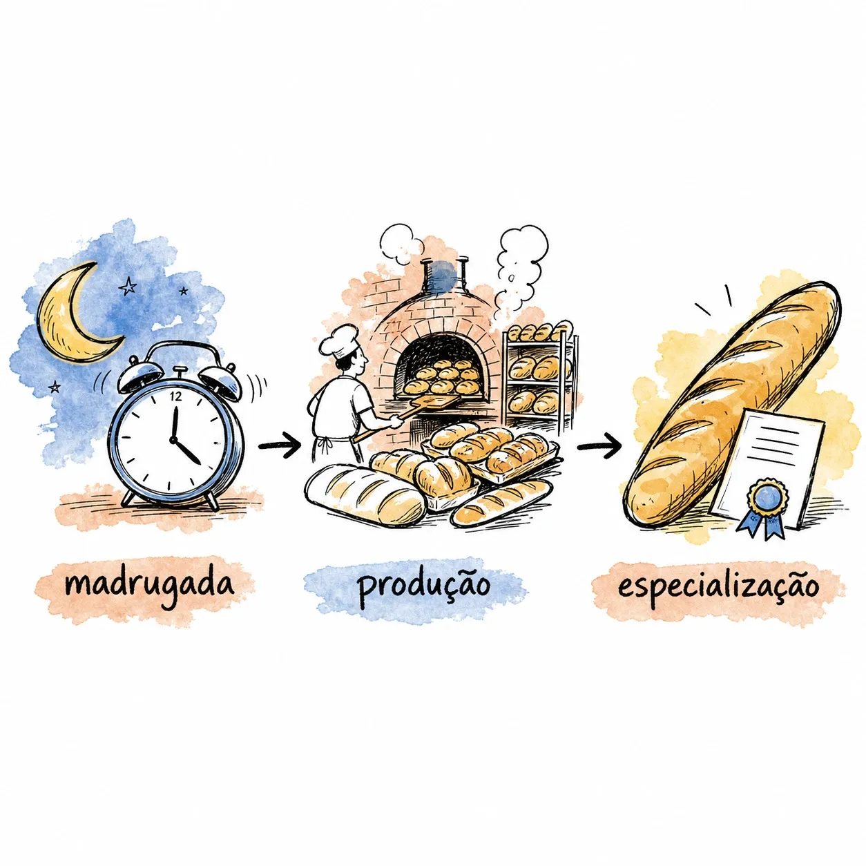 Infográfico com madrugada, produção e especialização como fatores da remuneração do padeiro