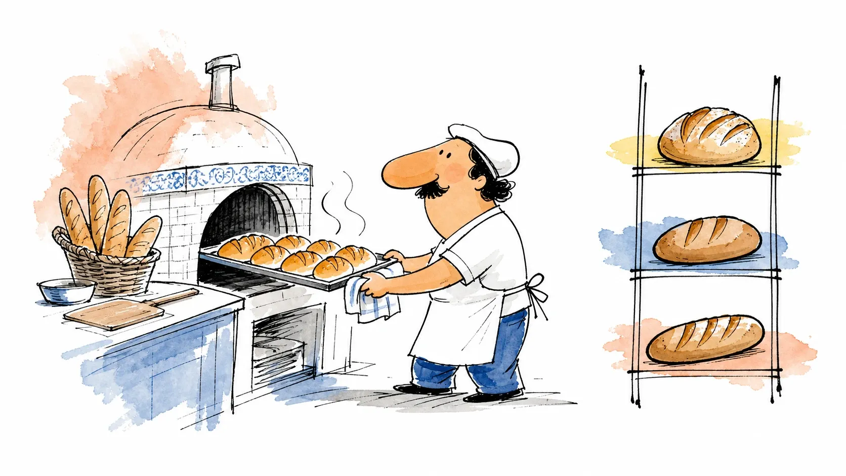 Ilustração de padeiro retirando pães do forno e três faixas de pães ao lado