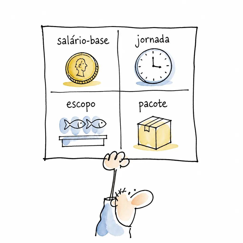 Infográfico com salário-base, jornada, escopo e pacote
