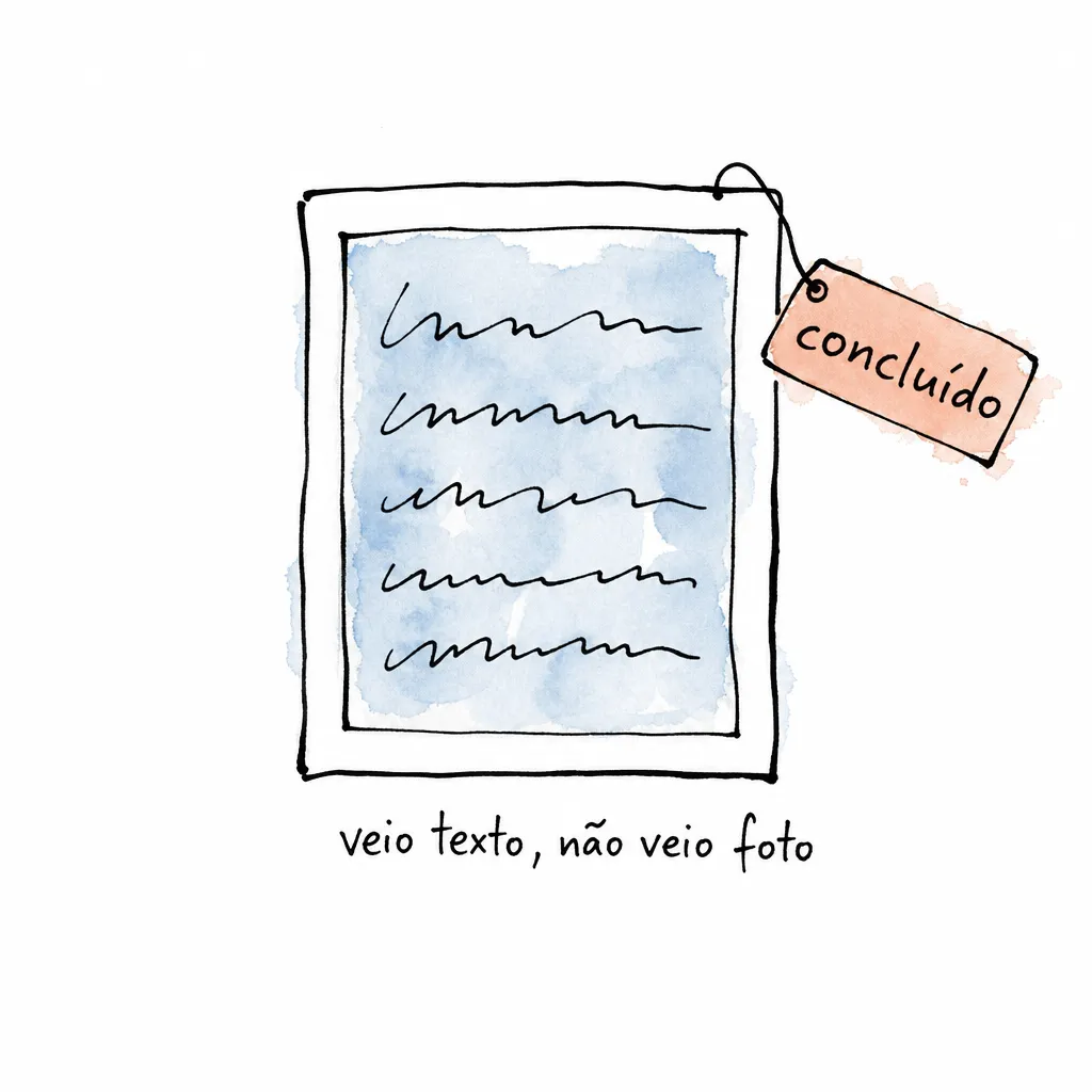 Moldura com cinco linhas de texto rabiscado no lugar do retrato e uma etiqueta "concluído" pendurada: a recusa chega como resposta terminada